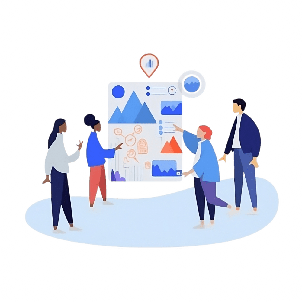 blue graphic of people discussing over a presentation