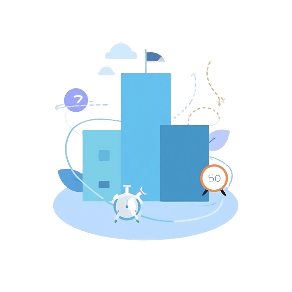 blue graphic with buildings and timers